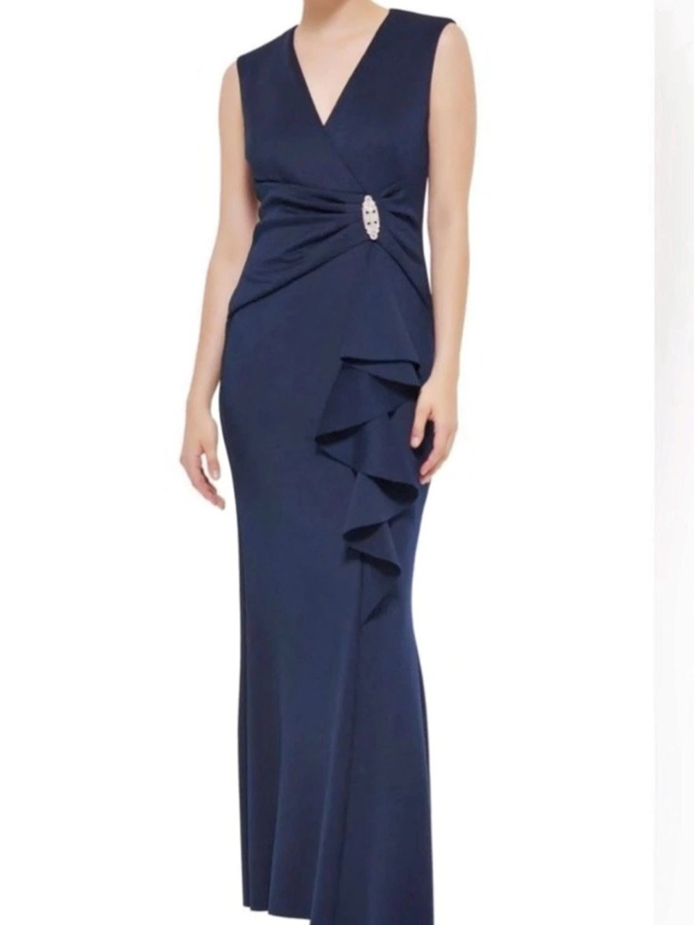 Jessica Howard Navy Blue Evening Gown with ruffle, rhinestone brooch NWT Size 6